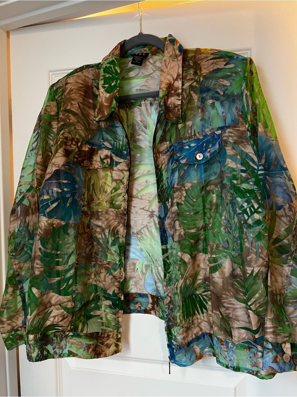 ELCC brand zip-front jacket Sheer Tropical Leaf Print Jacket